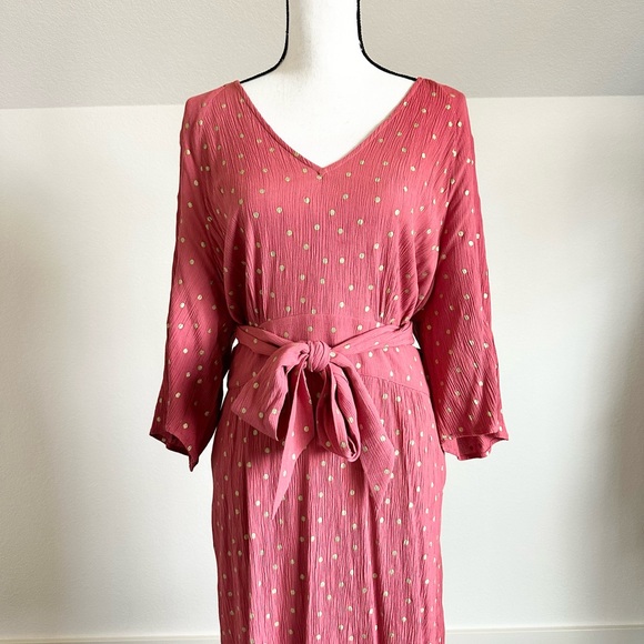 Boden Pink & Gold Polkadot 3/4 Sleeve Crêpe Maxi Dress Size 20/22R has pockets - Picture 6 of 12